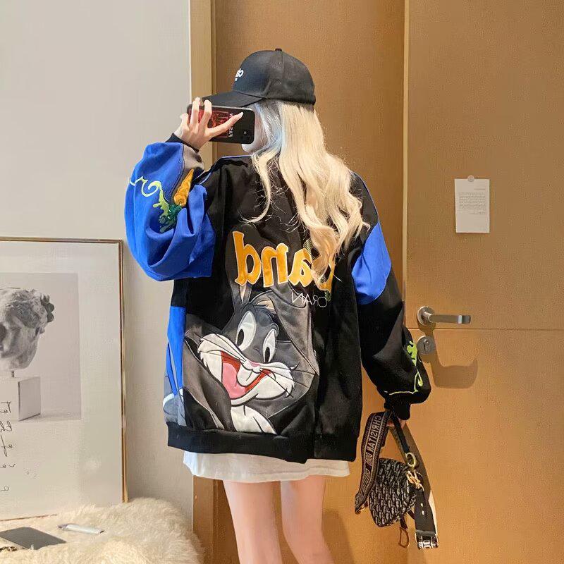Unisex Cartoon Embroidered Baseball Jacket - Trendy Hip-Hop Style for Spring and Autumn