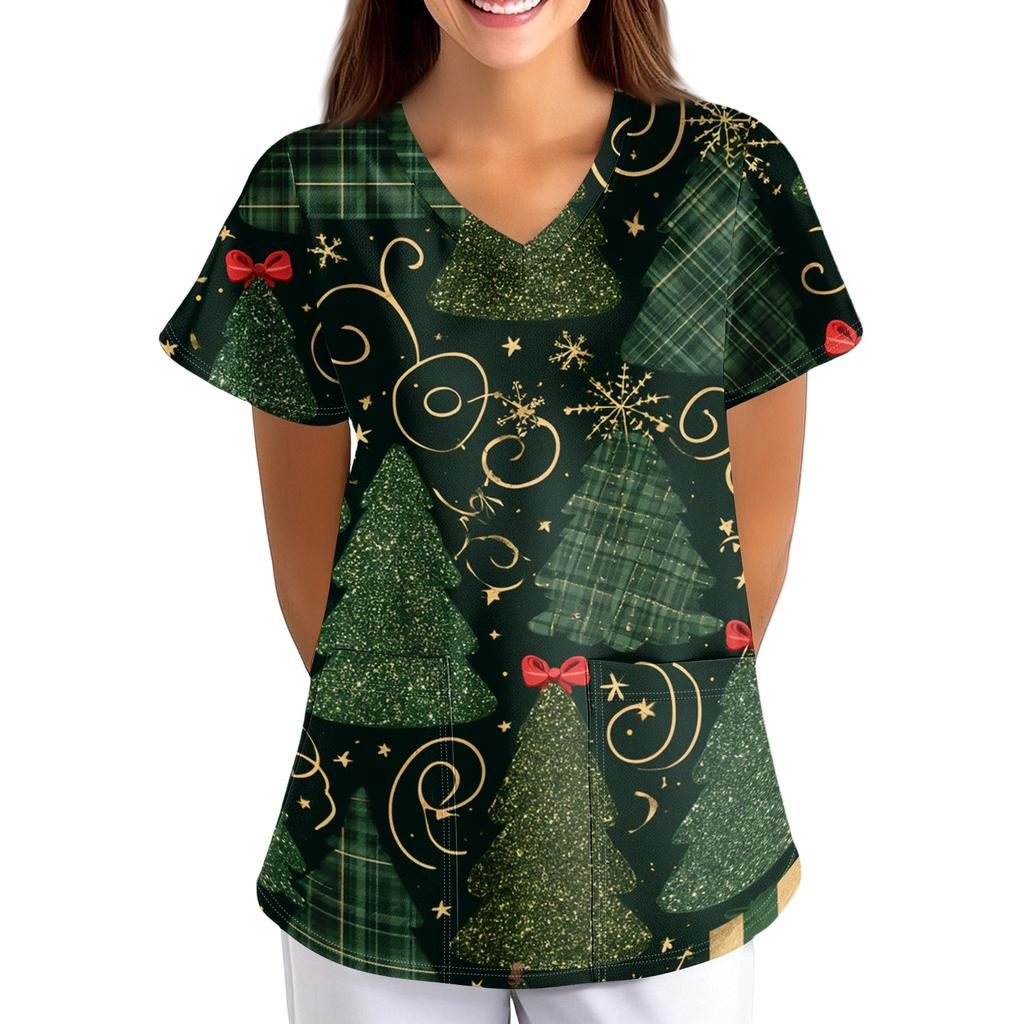 Women's Christmas Print Loose Fit V-Neck Short Sleeve Scrub Top with Pockets for Work