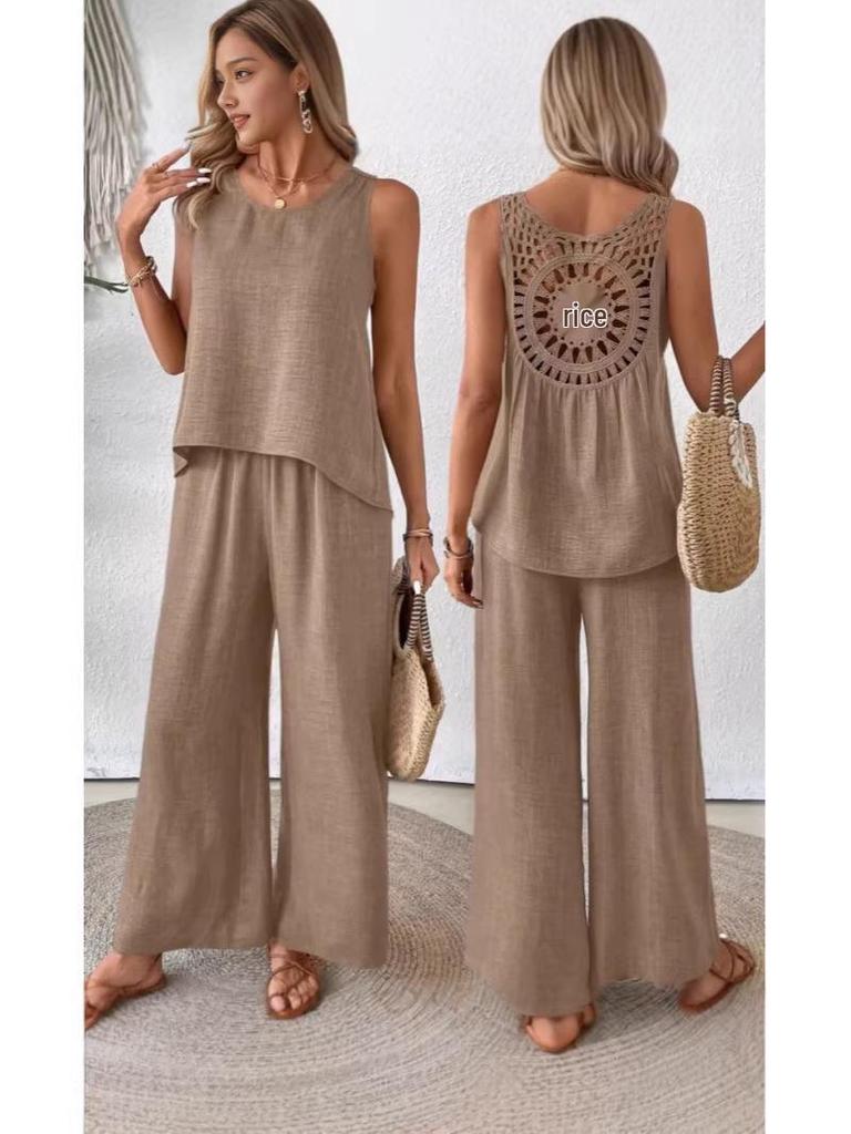 2026 Summer Sleeveless Solid Color Lace Back Women's Casual Set