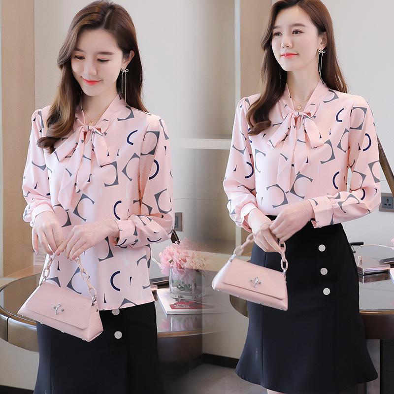 Chiffon Bow Blouse Women 2021 Office Lady Shirt Autumn Geometry Long Sleeve Tops Necktie Bowknot Pullover