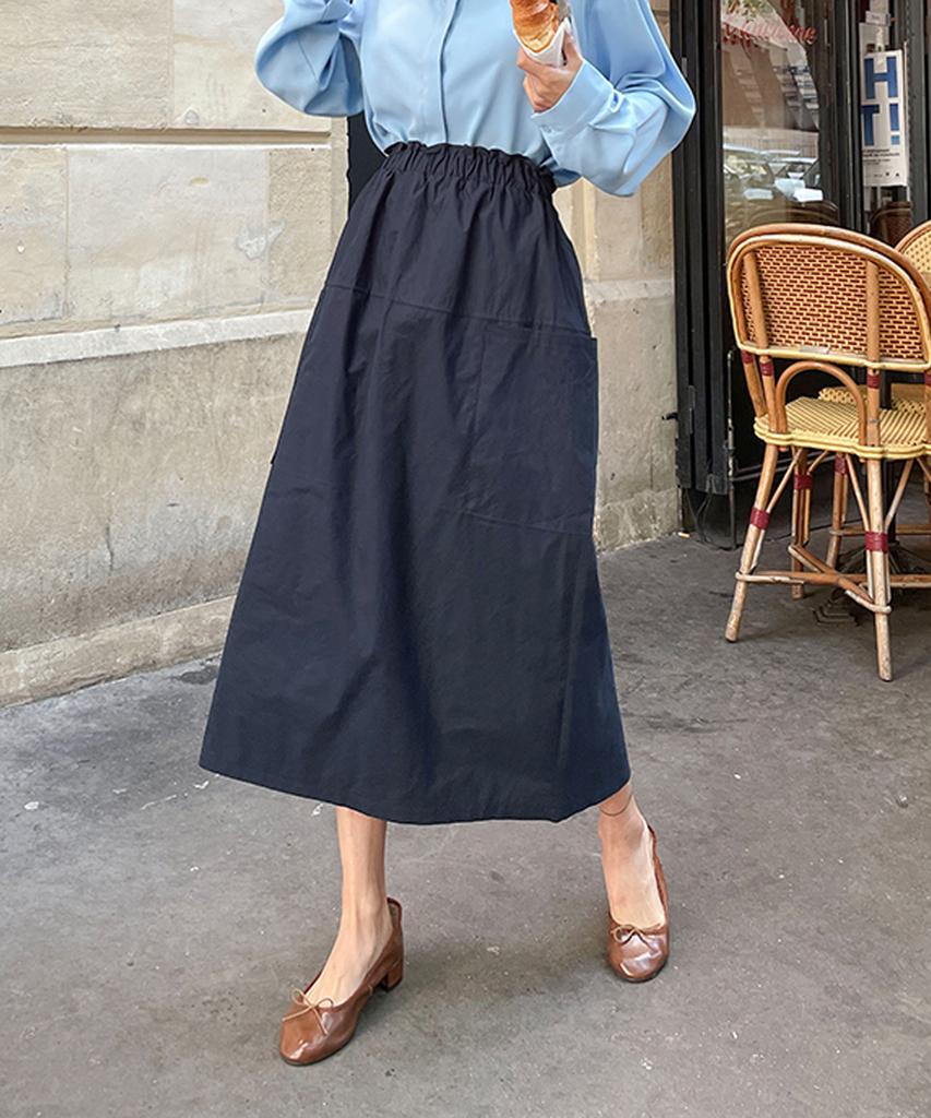 Ppaeppae Big Size Shirred Elastic Pocket Slit H-Line Long Skirt