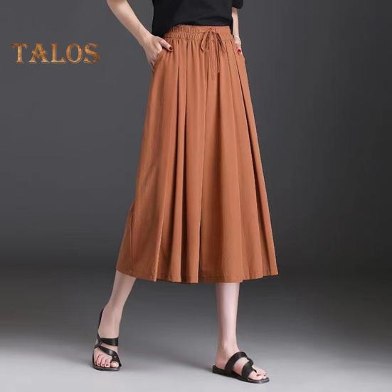 Women Cropped Pants Elastic High Waist Adjustable Drawstring Culottes Solid Color Wide Leg Casual Pants Daily Wear