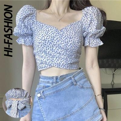 Trend femei Crop top cu mâneci bufante scurte cu guler în V Tricouri în stil vintage Tricouri de vară