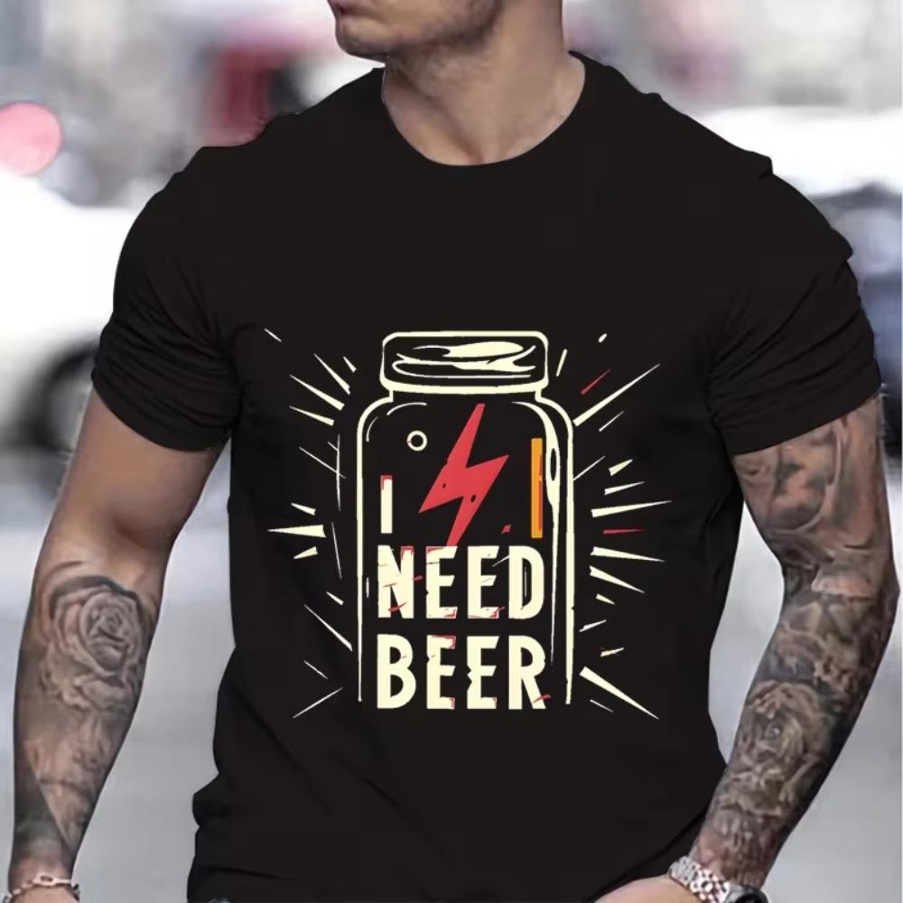 Battery I Need Beer Print Fashion Men T-shirts Celebration Graphic Design Funny Beer Shirt Men Battery Beer Lover Gifts Tshirt