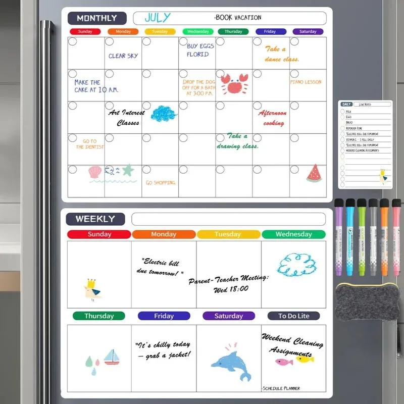 Magnetischer Wochen- und Monatsplaner Wende-Whiteboard für Kühlschrank Büro Tagesablauf-Organisator mit Stiften Radiergummi