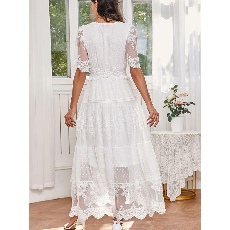2025 Summer New Arrival Lace V-neck Dress Women Fashion Elegant Elegance Fancy Mesh Stitching Long Dress Women