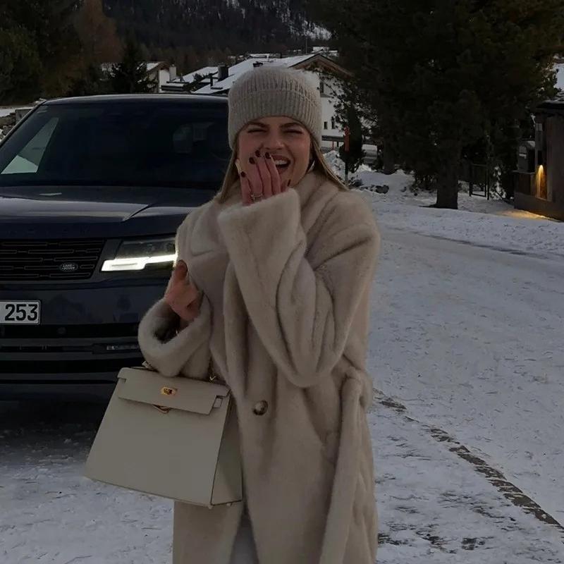 Belted Faux Mink Fur Coat Women Winter Beige Gradient Furry Fur Jacket Luxury Brand Hooded Warm Outerwear Overcoat