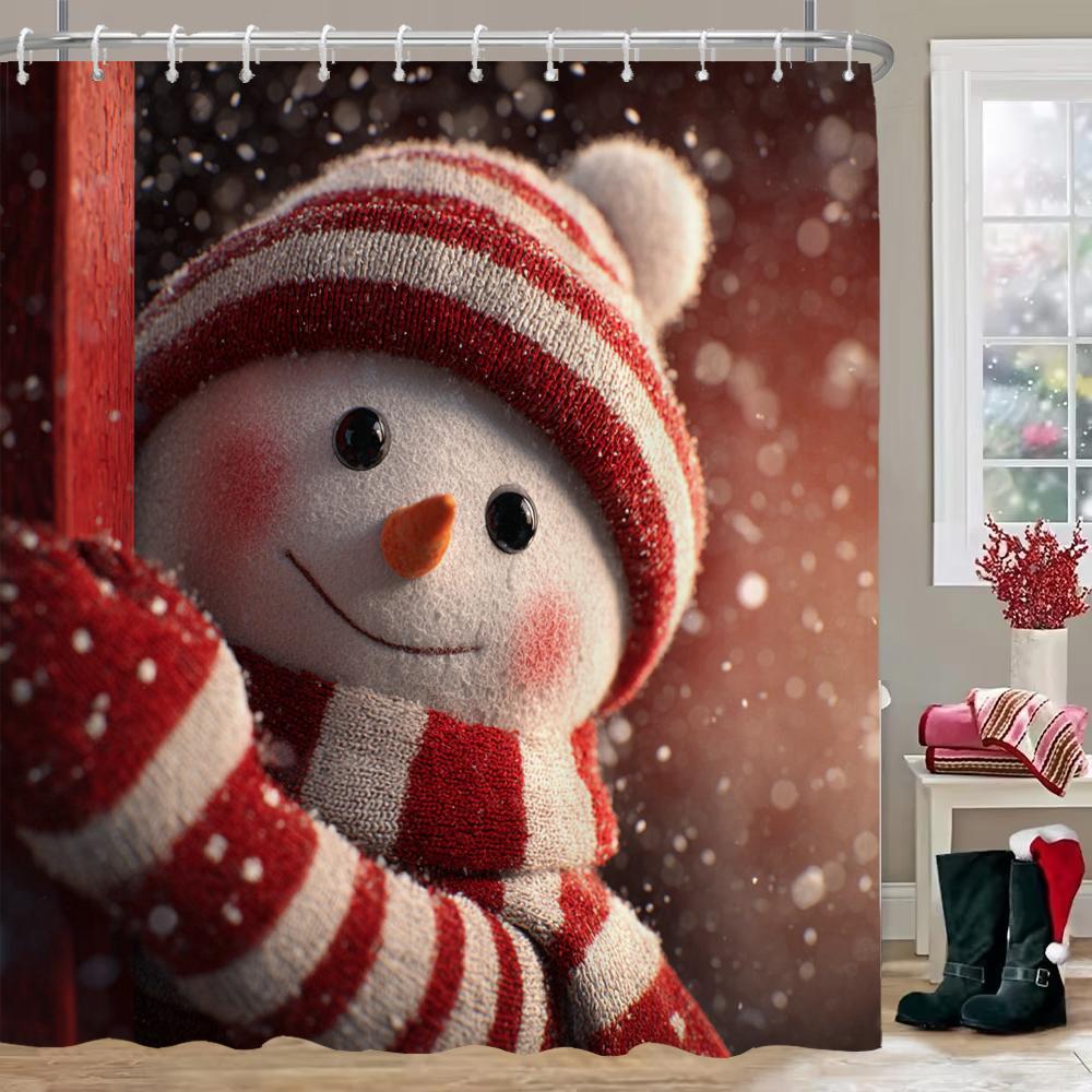 New Year Christmas Shower Curtains For Bathroom with Hooks, Cartoon Christmas Snowman Gifts For Xmas Bath Curtain Decor