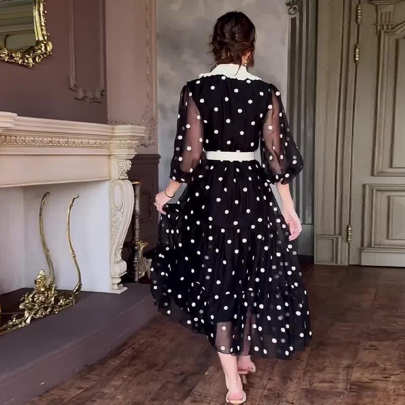 2024 Summer Women's Fashion Chiffon Polka Dot Dress with Color Block and Doll Collar