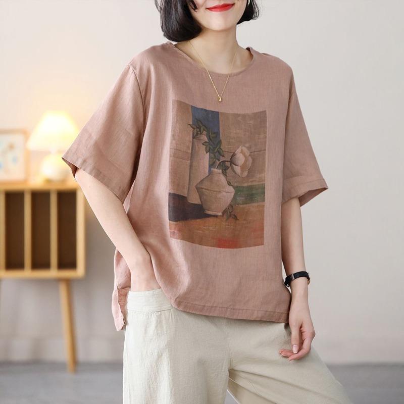 YYFS Women's Fashion Casual Summer Spring Flower Pattern Print 1/2 Sleeves O-Neck Blouses & Shirts