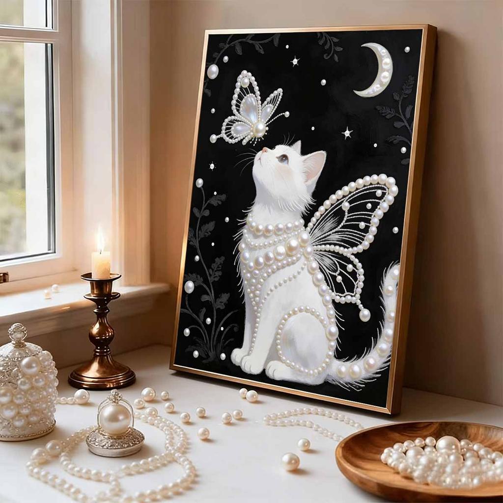 DIY White Cat Pearl Art Painting for Adults/Beginners Gift Home Decor Pearl Gem Paintings Picture Arts Craft 30x40cm Without Frame