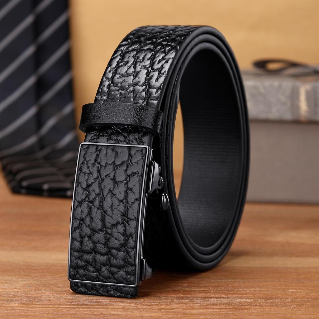 Herren-Gürtel aus echtem Leder mit Automatikschließe - Erste Schicht Rindsleder, Büffelprägung, Für junge und mittelalte Männer, Trendiges Design.