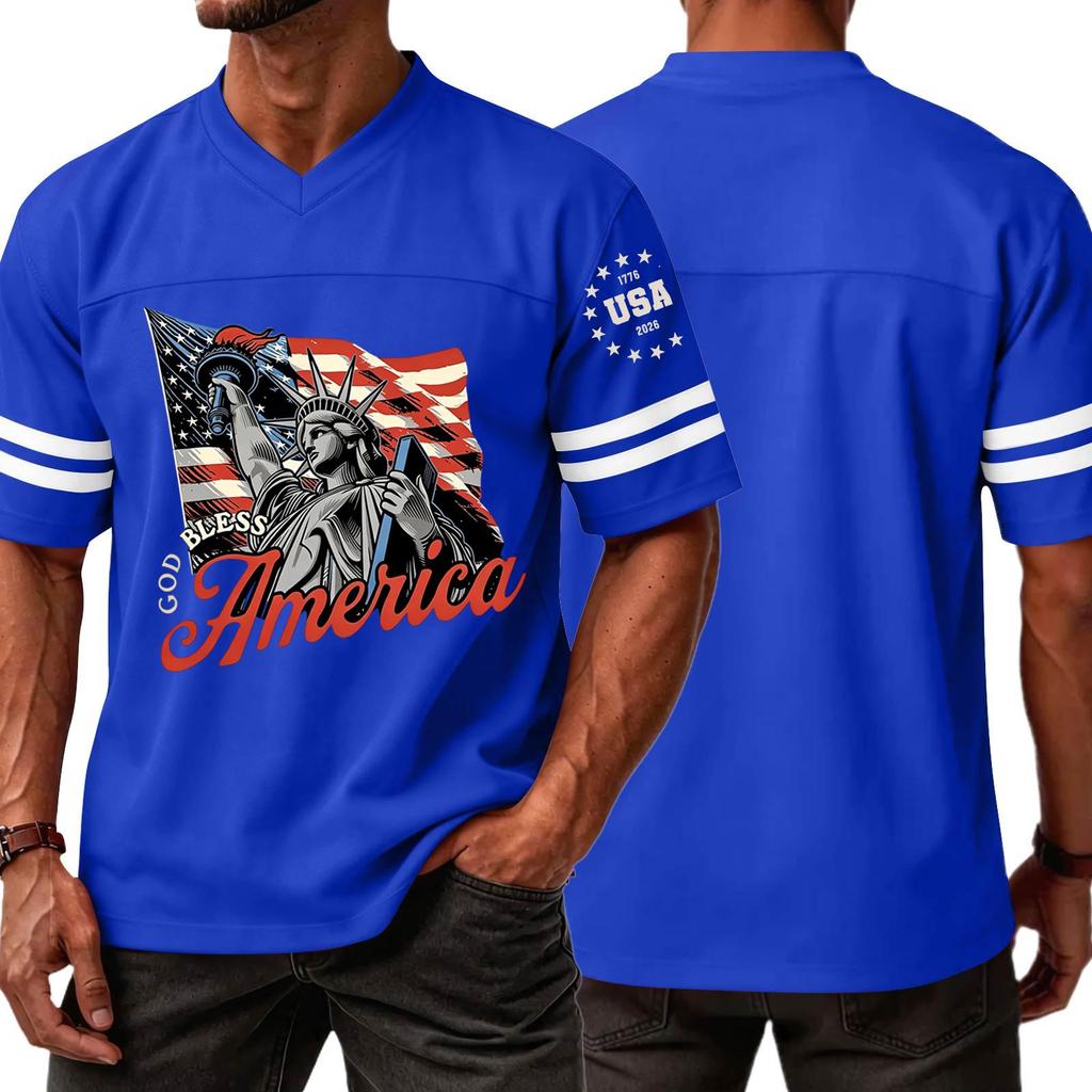 Casual V Neck Sports Jersey Short Sleeve T Shirt with Graphic Print USA Independence Day Theme Athletic Top for Men