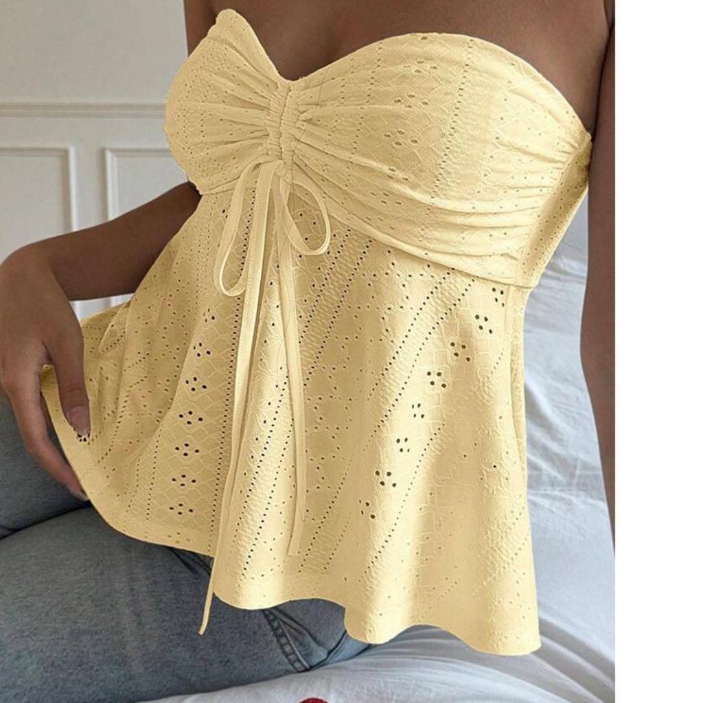 Women's Strapless Sleeveless Tube Top Slim Fit Sexy Solid Eyelet Tie Front Camisole