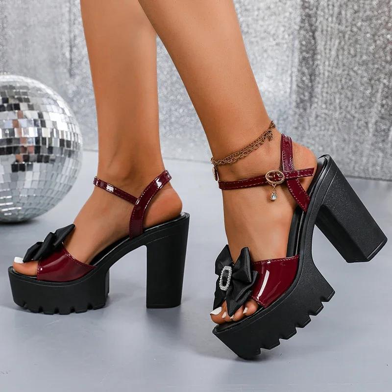 Fashion Women's High Heel Sandals Bow Knot Extreme Women Shoes Luxury Wine Red Thick Bottom Sandal Summer Elegant Open Toe Party Sandals