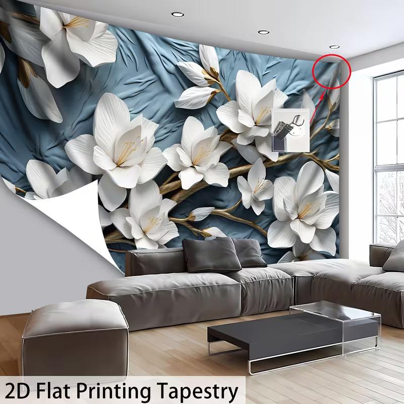 

2D Modern Floral Tapestry 3D White Magnolia with Gold Stems Wall Background Cloth 47.2x31.5inch/120*80cm