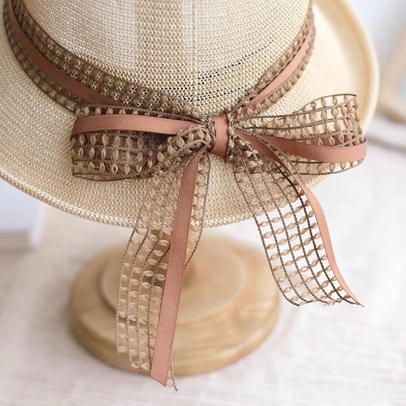 Retro elegant bow ribbon crimped basin hat dome top hat shading breathable fisherman straw hat women's summer