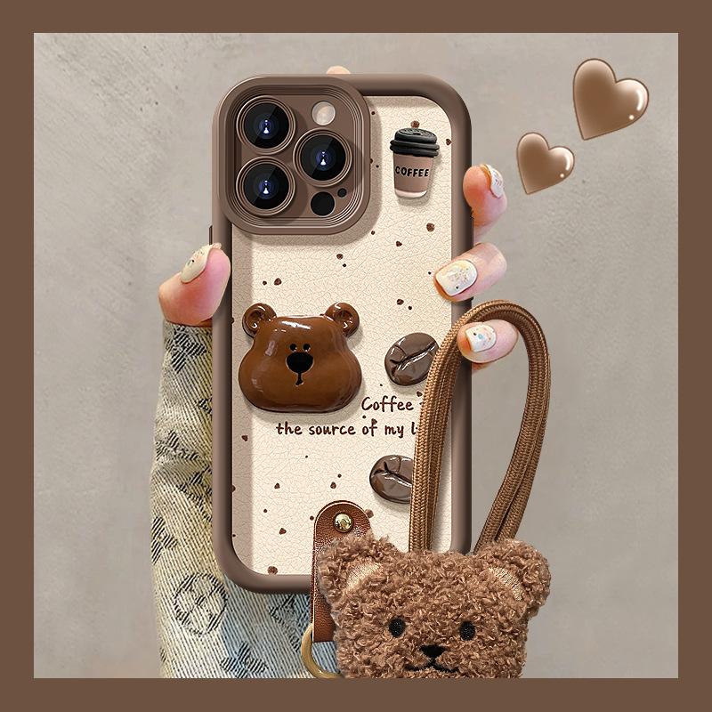 Coffee Bear Doll Lanyard Suitable for Apple 15 Mobile Phone Case Autumn and Winter 17PROMAX Silicone Lambskin 14/16
