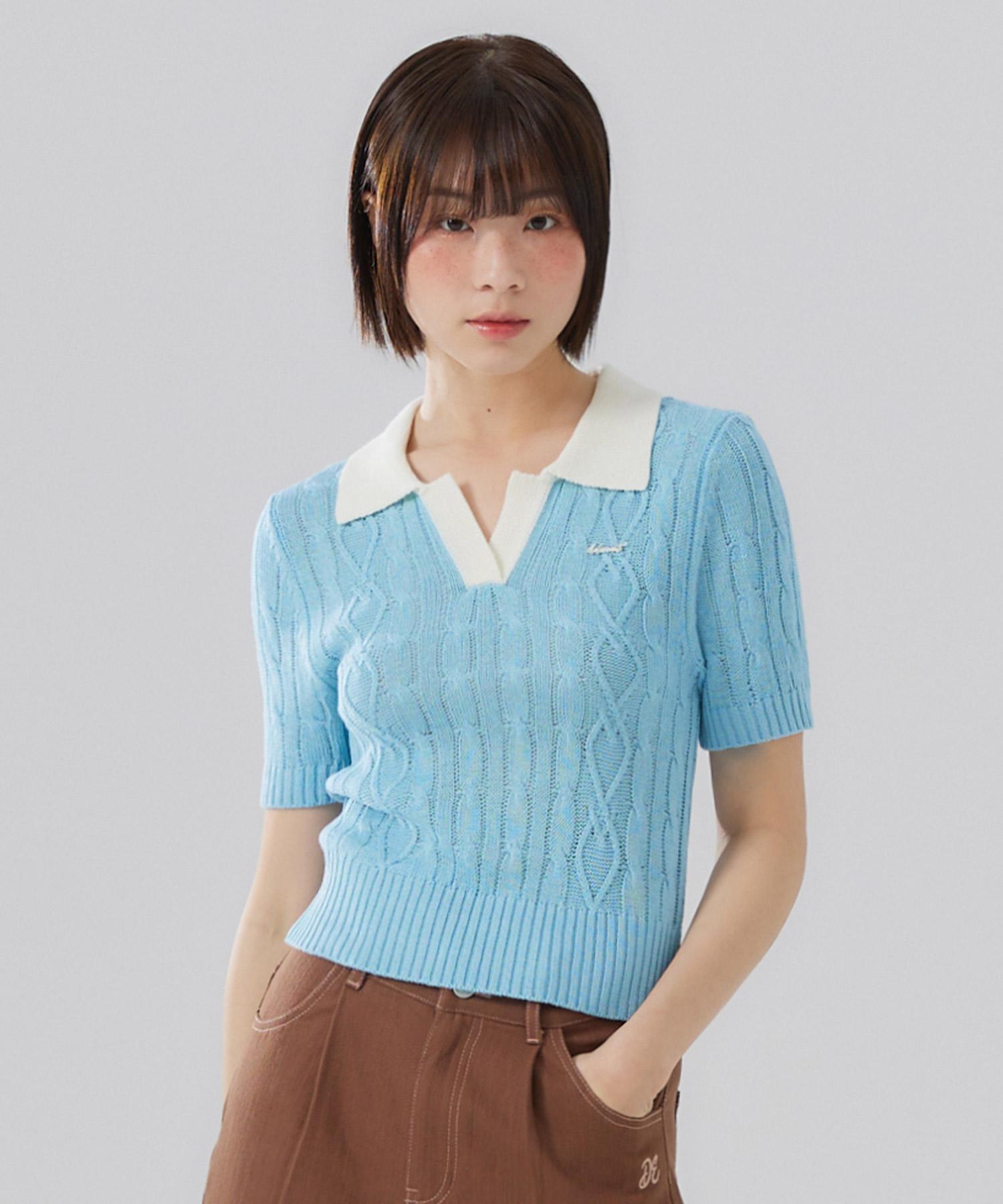 Deliscent Contrast Collar Knit [Sky Blue] Sky Blue/Free