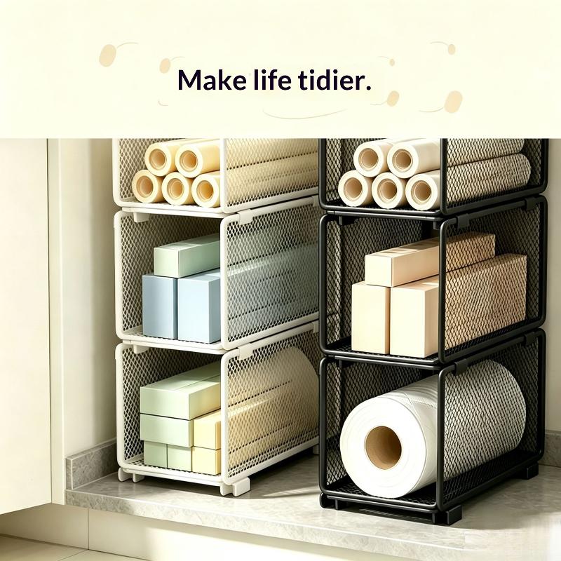 Stackable Kitchen Storage Baskets Easy Install Pantry Racks for Spices Plastic Wrap Paper Towel Kitchen Organization