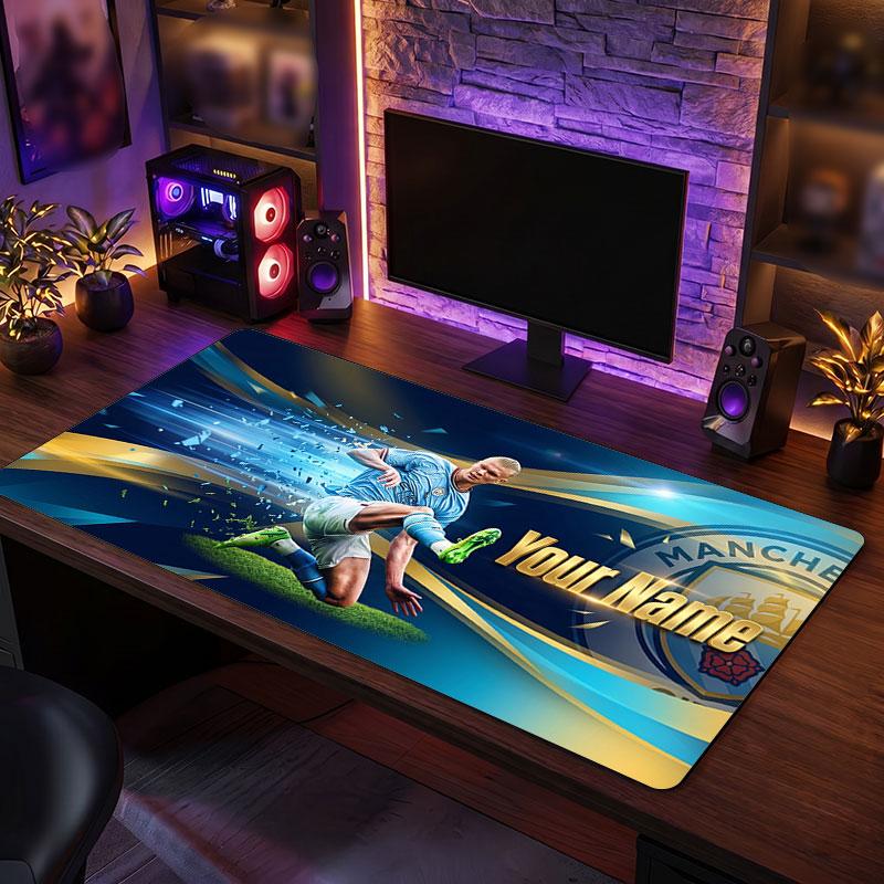 Erling Haaland Custom Large Mouse Pad, Personalized Name Text Print, Football Logo Non‑Slip Desk Mat Gaming Gift