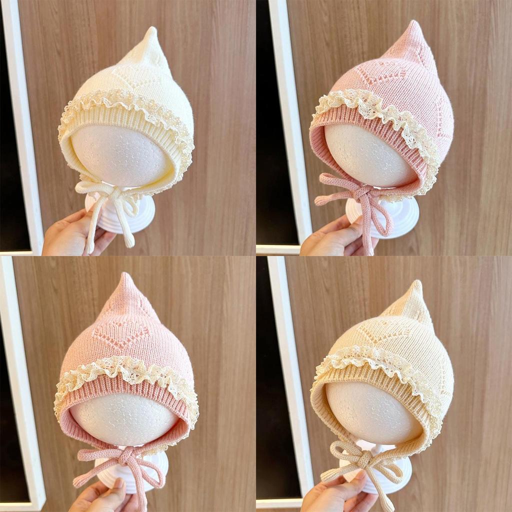 Winter Warm Newborn Fetal Hats Kids Tie Beanies Princess Lace Pointed Knitted Hat Toddler Soft Woolen Crochet Bonnet