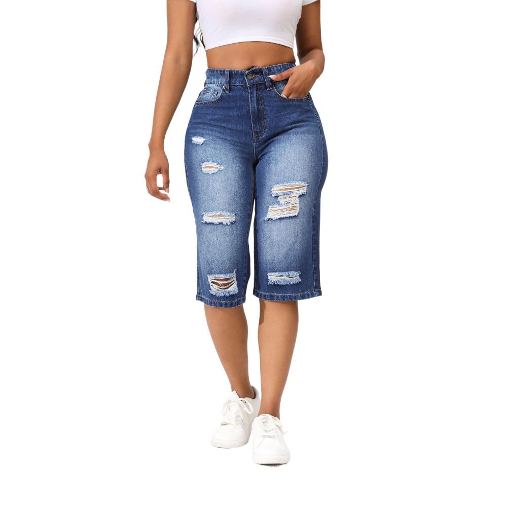 Women s Plus Size Mid-Length Ripped Jeans - Trendy European & American Style Summer Cropped Straight Fit XL