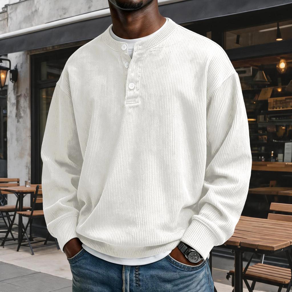 Felpa da uomo casual in velluto a coste con scollo, manica lunga, top pullover a vestibilità larga rétro con abbottonatura, per l'uso quotidiano