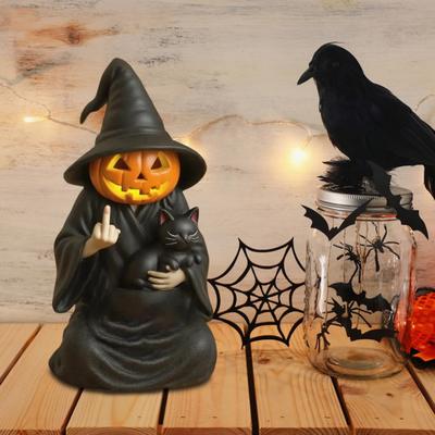 Yousheng Halloween Ornament Dark Humor Witchcraft Vibe Creepy Witch Statue Black Robe Cat Themed Resin Home Decor