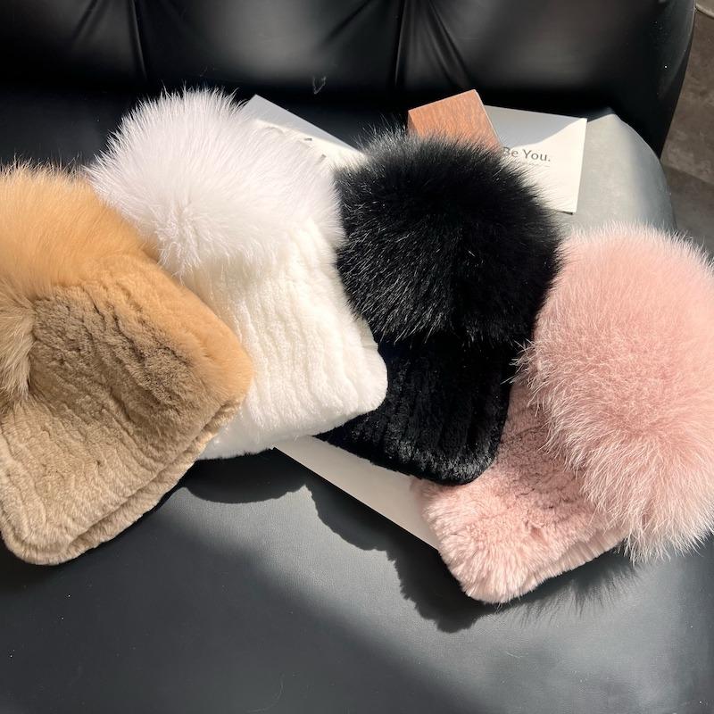 Women Winter Luxury Rabbit Fur Hat Knitted Rex Rabbit Fur Hat Top  Fox Fur Cap Genuine Fox Fur Beanies Hat