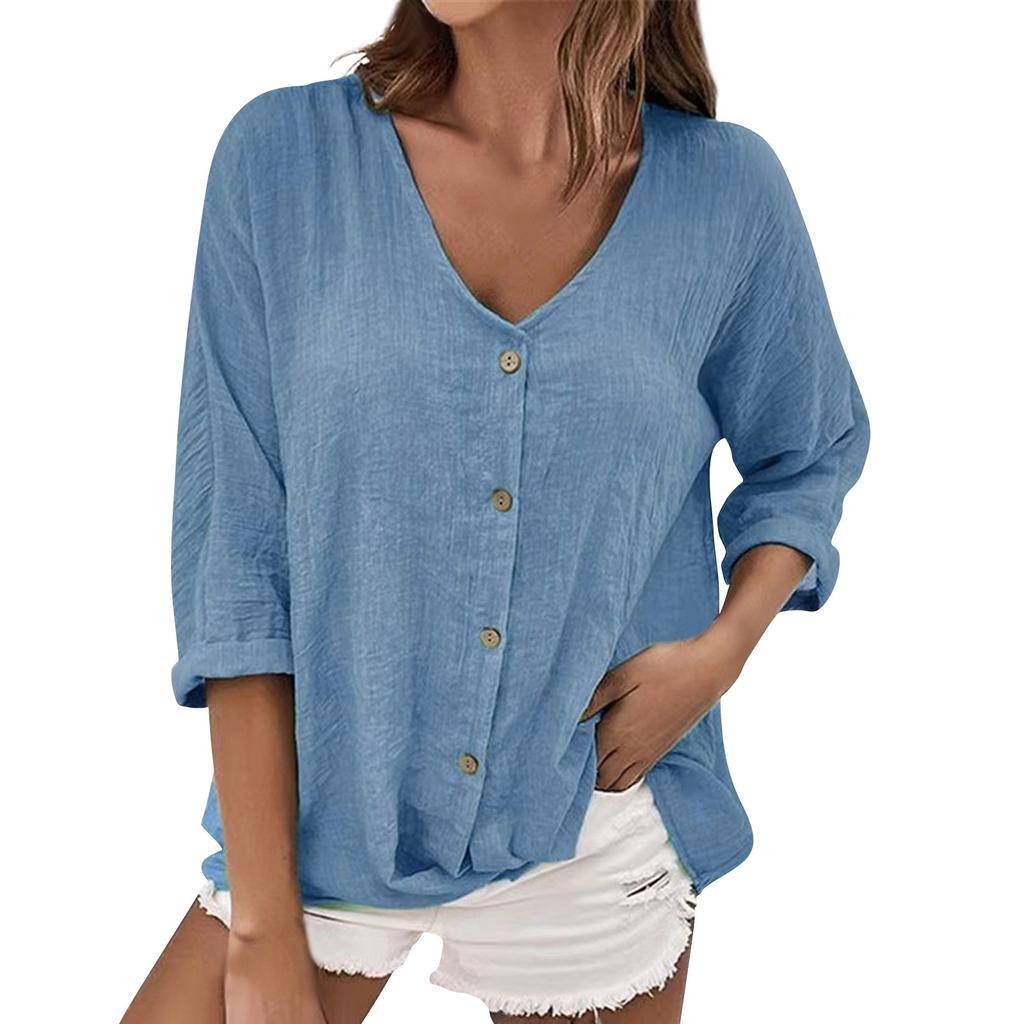 Women's Fashion Casual Solid Color V-Neck Chest Button Seven Sleeve T-Shirt Top