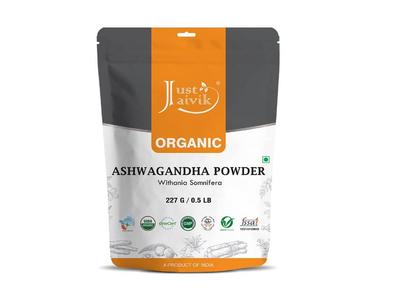 Pó de Ashwagandha Orgânico Just Jaivik - Suplemento Herbal Ayurvédico que Promove Vitalidade e Força - Suporte para uma Vida Sem Estresse, 227g