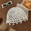 Pearl Fringed Crochet Hat Hollowed Out Beret Cap Breathable Beanies Cap  Bride Headpiece
