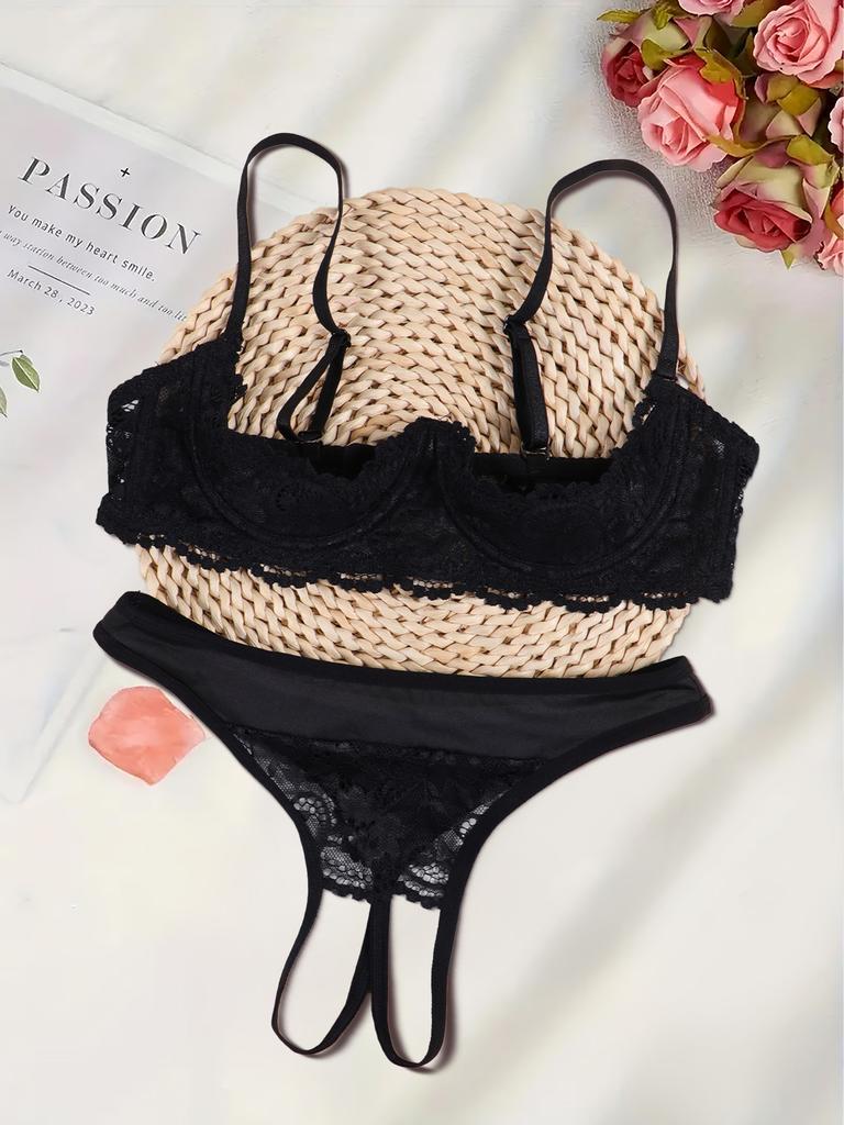 Sexy Black Lace Bare Chest Nipple Bra Gather Pure Desire Perspective Open Crotch Thong Underwear Suit Women