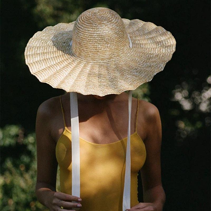 New Large Brim Ribbon Straw Hat Summer Hats For Women Ribbon Beach Cap Beach hat Dome Top Sun Hat Holiday Elegant cap