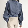 Vintage Stand Collar Loose Lantern Sleeve Shirt for Women Fashion Autumn New Solid Elegant Casual Women's Blouse Button Up Fashion Lady Blouses 25341