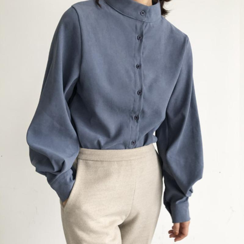 Vintage Stand Collar Loose Lantern Sleeve Shirt for Women Fashion Autumn New Solid Elegant Casual Women's Blouse Button Up Fashion Lady Blouses 25341