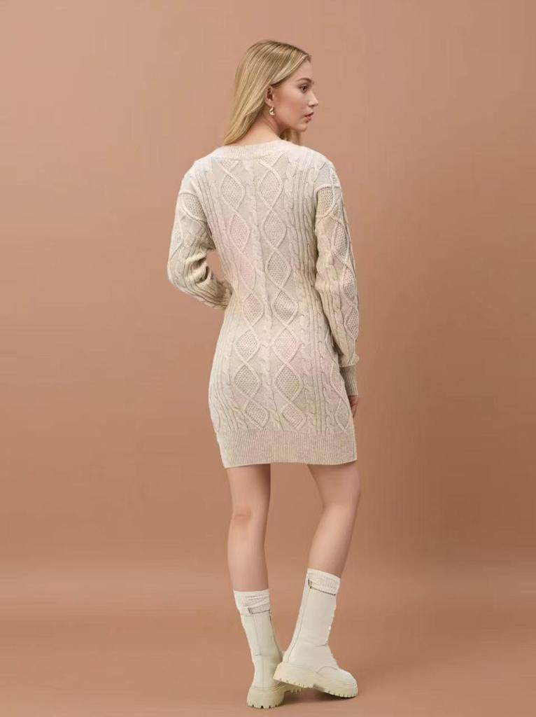 2025 Autumn/Winter Women's Mid-Length V-Neck Cable Knit Dress