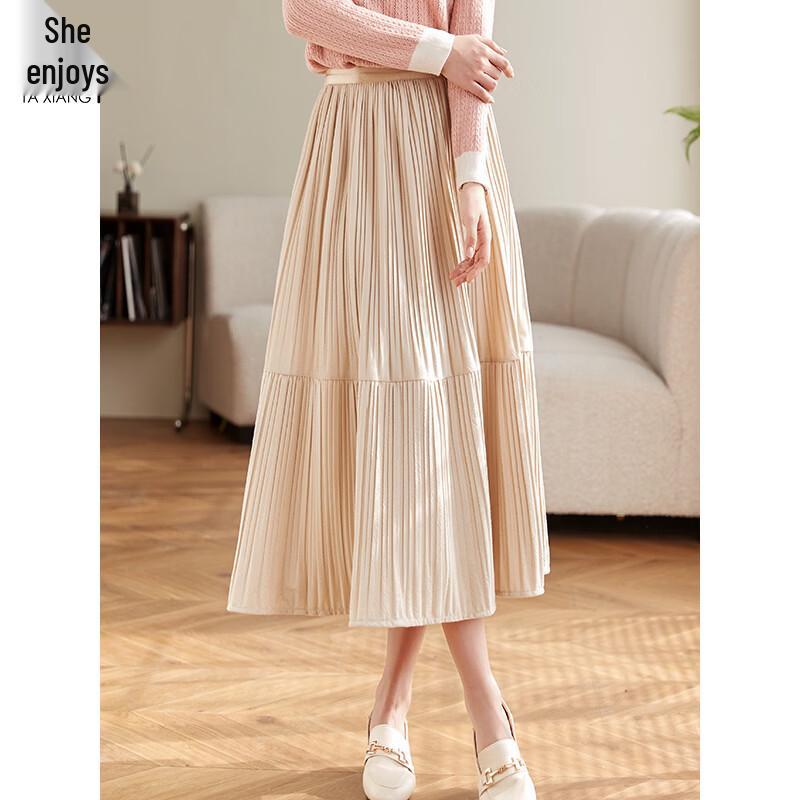 

Women s Elastic Waist Pleated A-Line Mid-Length Skirt One Size (L)
