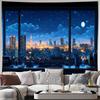 City Night Skyline Starry Window View Wall Tapestry Machine Washable All Season Decor Art Print Urban Landscape Design Home