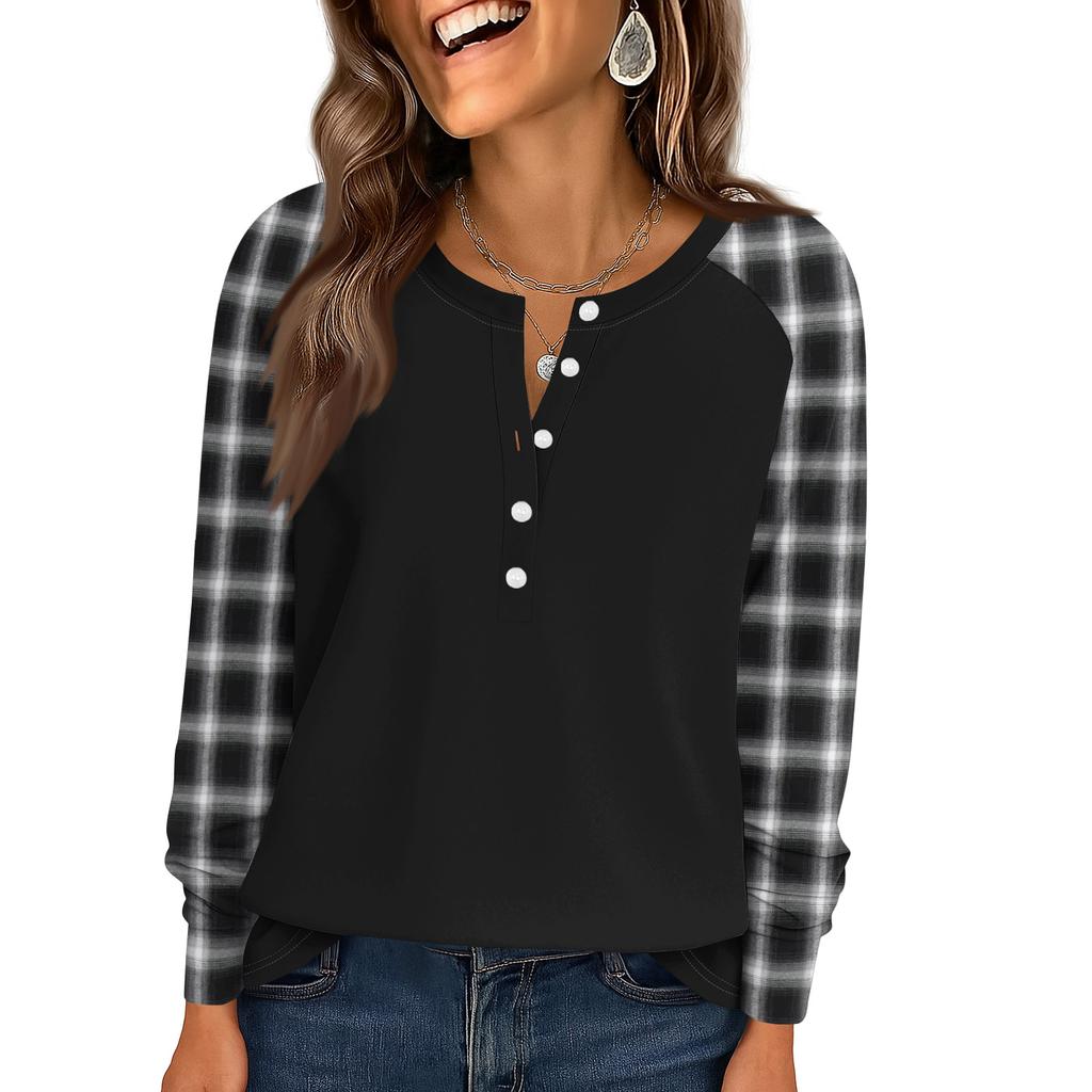 Dámská móda Volný top s dlouhým rukávem a kulatým výstřihem