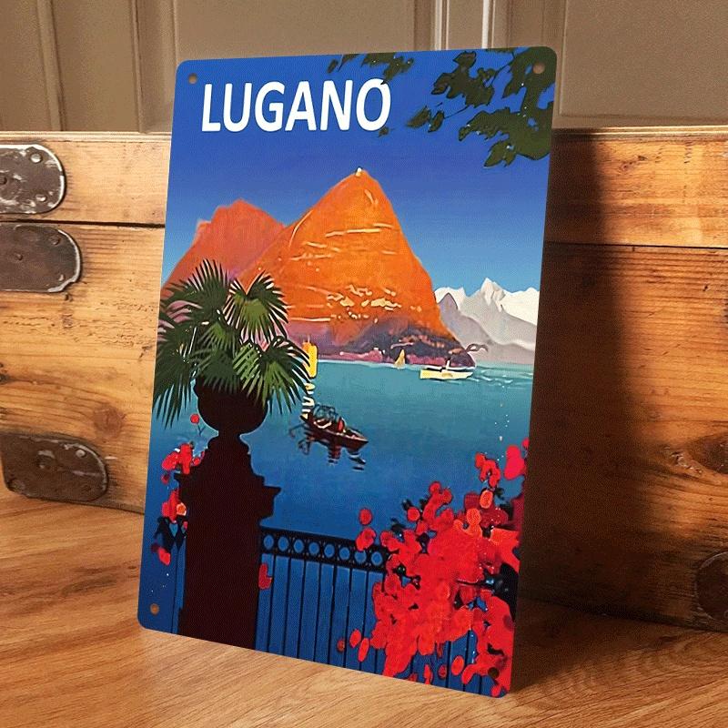 

1 piece: A tin plaque depicting the scenery of Lake Lugano, a decorative painting of the Alps, Italian-style home wall art, vint (as the picture,20x30cm)