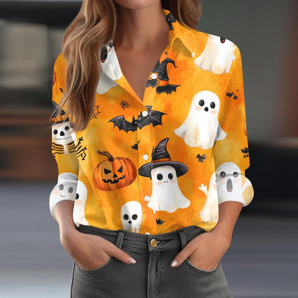 Damen Hemd Bluse Halloween Print Knopf Langarm Lässig Basic Hemdkragen Regulär Top