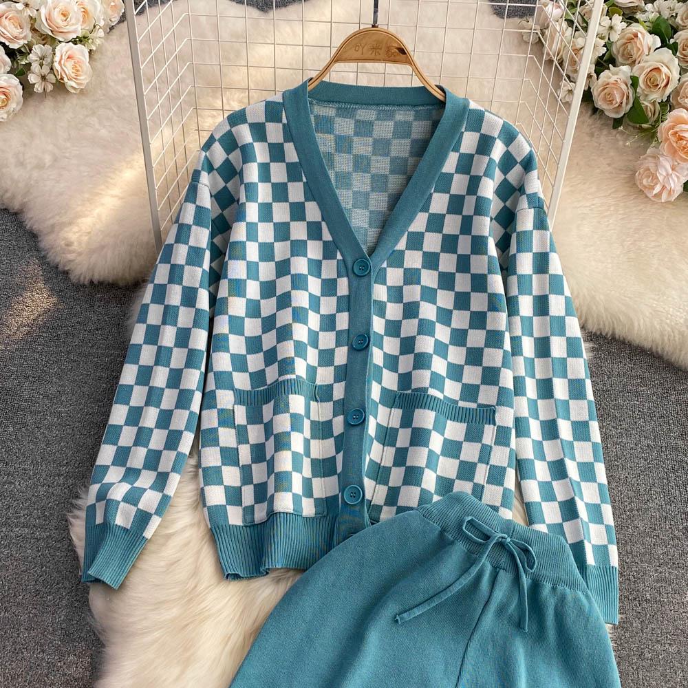 Autumn Winter Vintage Plaid Knitted Sweater Pant 2 Piece Set Women Tracksuit Single Breasted Jacket Coat + Ankle Length Trousers Outfits