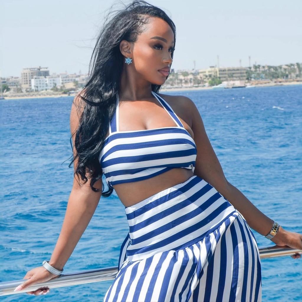 European and American women's clothing sexy hottie neck tube top short striped top women's African fashion high waist skirt set