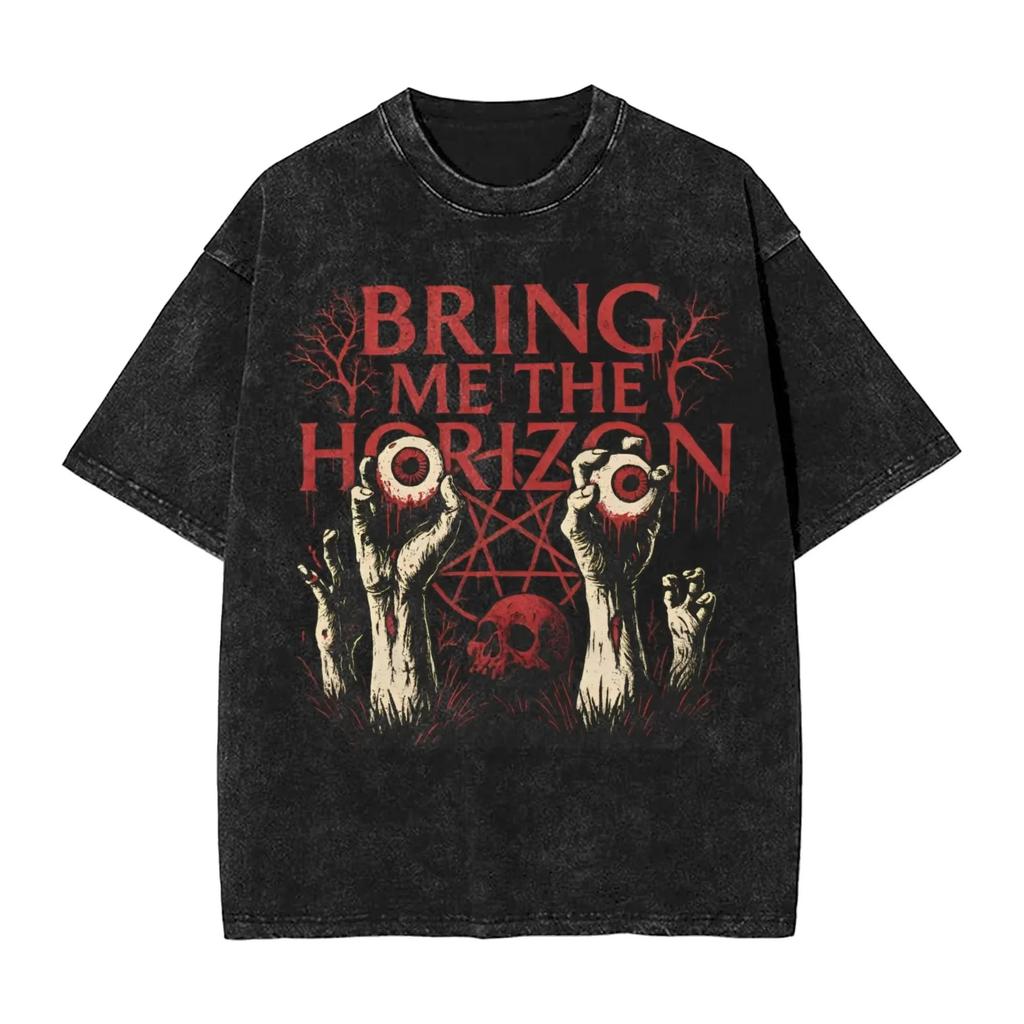 Oversized Acid-Wash Vintage Short-Sleeve T-Shirt Featuring Bring Me the Horizon Dark Gothic Siren Graphic Print