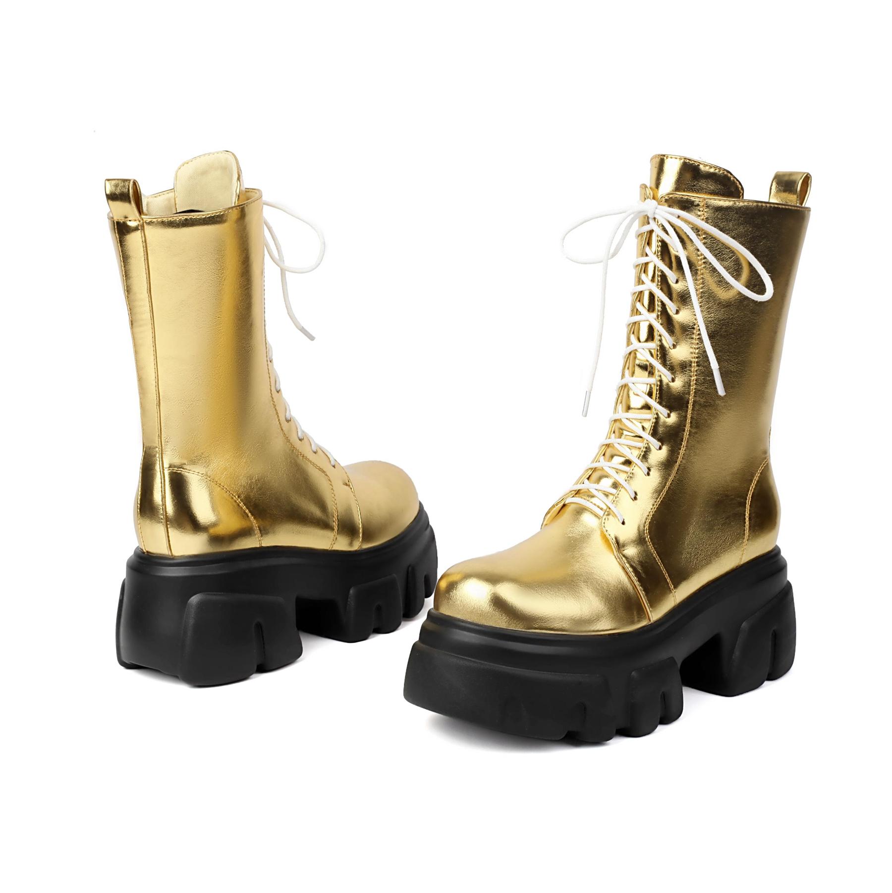 

Обувь Krazing Pot PU осень-зима на плоской платформе, большие размеры, мотоциклетные ботинки с круглым носком, сохраняющие тепло, на шнуровке, размер 44, ботильоны 43 золотой