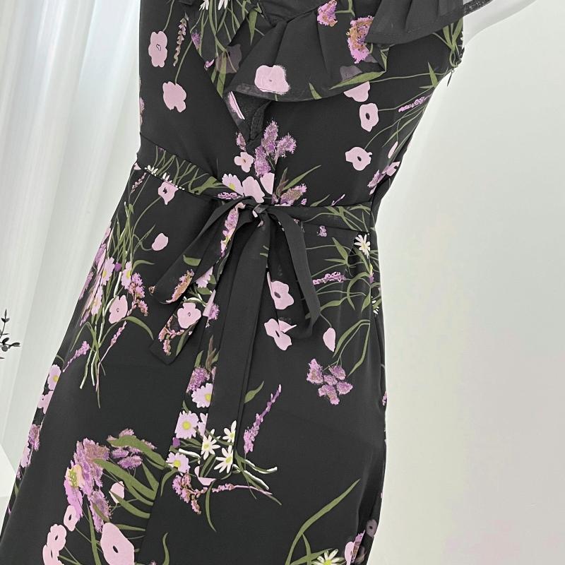 Francouzské Sexy Květinové Šaty na Ramínka Bez Rukávů Elegantní Stahující Pas Léto 2025 Přiléhavé Šaty Vintage Móda Černé Šaty