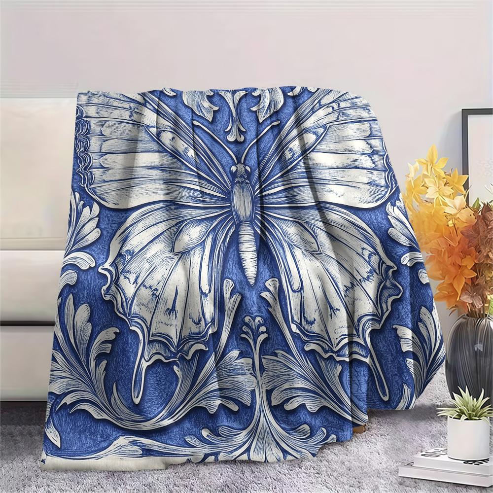 Blue and White Butterflies Print Flannel Blanket, High quality Comfortable for All Seasons, Home Decor, Warmth and Comfort