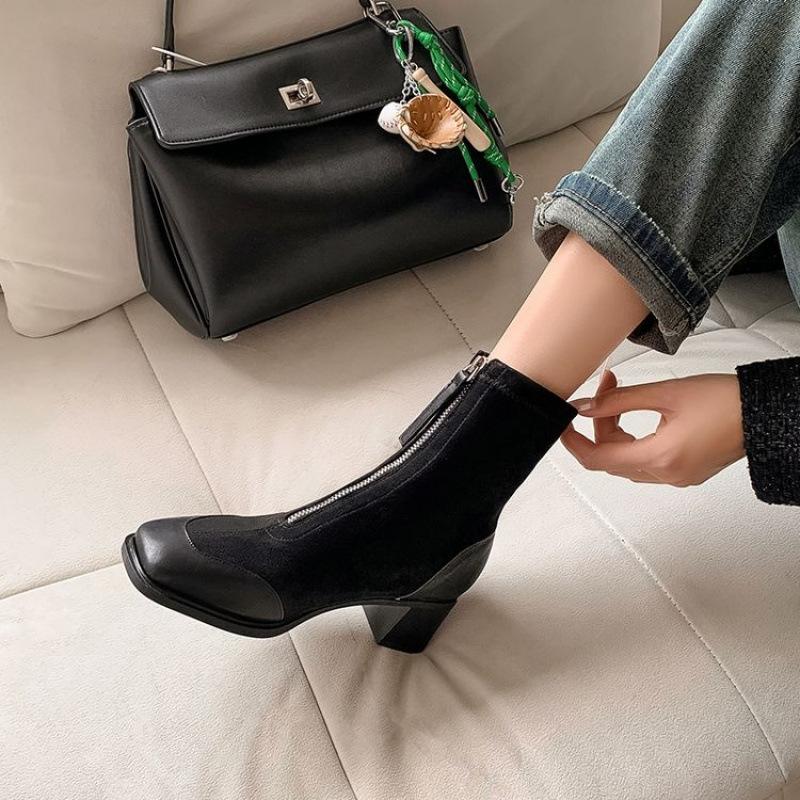 New Women's Round Head Martin Boots Zipper Solid Color Large Size Boots Rubber Soft Sole Casual Women's Leather Boots Low Boots
